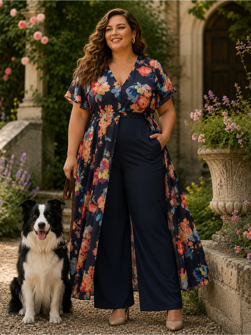 Adrianna Papell Navy Floral Flutter-Sleeve Jumpsuit - Picture 2 of 7